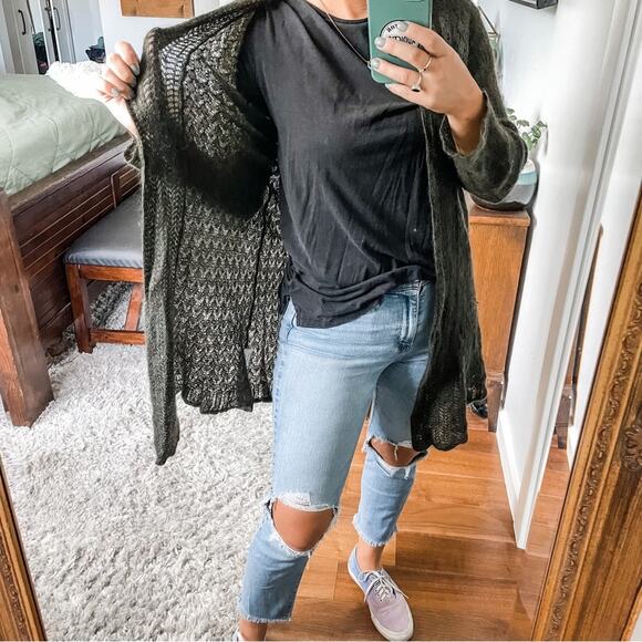 Eileen Fisher | Women’s Brown Mohair Blend Open Knit Long Cardigan Sweater Wool - Picture 2 of 9